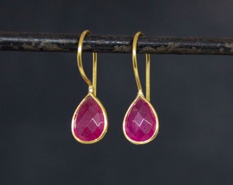 Pink Quartz Earrings, Gemstone Earrings, Gold Earrings, Teardrop Earrings, Bright Pink Earrings, Gold Vermeil