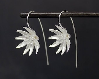 Silver Flower Earrings, Brushed Silver Drop Earrings, Matt Silver Flowers, Sterling Silver