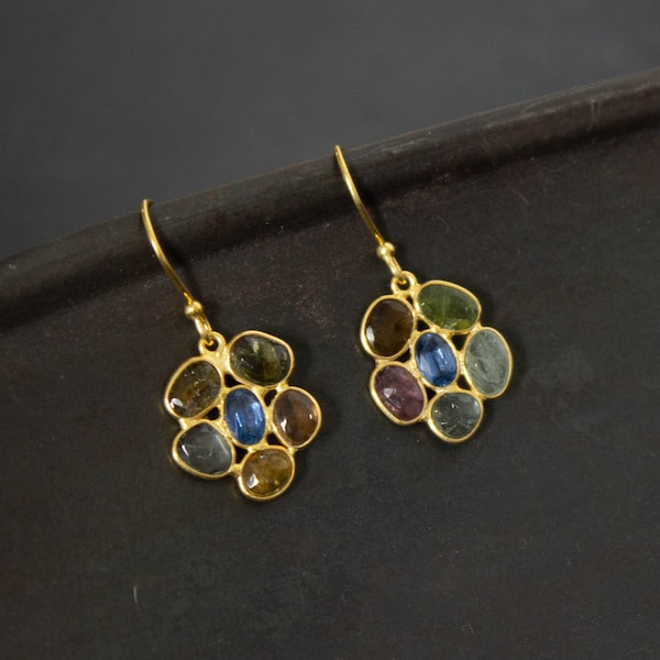 Tourmaline and Gold Earrings, Raw Tourmaline Gemstone, October Birthstone, Gold Vermeil Drop Earrings