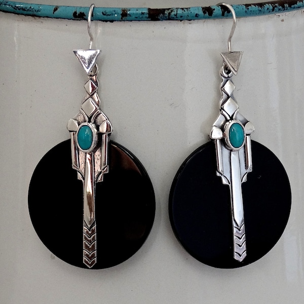 Black Onyx and Turquoise Art Deco Earrings, Sterling Silver Drops, Statement Earrings,