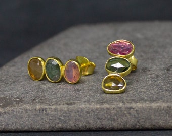 Tourmaline Earrings, Tourmaline Ear Climbers, Gold and Gemstone Studs, October Birthstone, Gold Vermeil