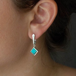 Turquoise and Silver Earrings, Leverback Gemstone Earrings, Square Geometric Drops, Sterling Silver