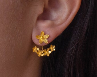 Gold Ear Jackets, Flower Stud Earrings, Gold Flower Studs, Front and Back Earrings, Gold Vermeil