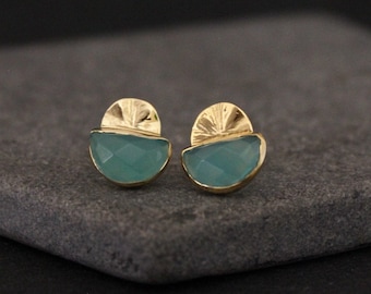 Gemstone Earrings, Textured Gold, Stud Earrings, Aqua Chalcedony Earrings, Gold Vermeil