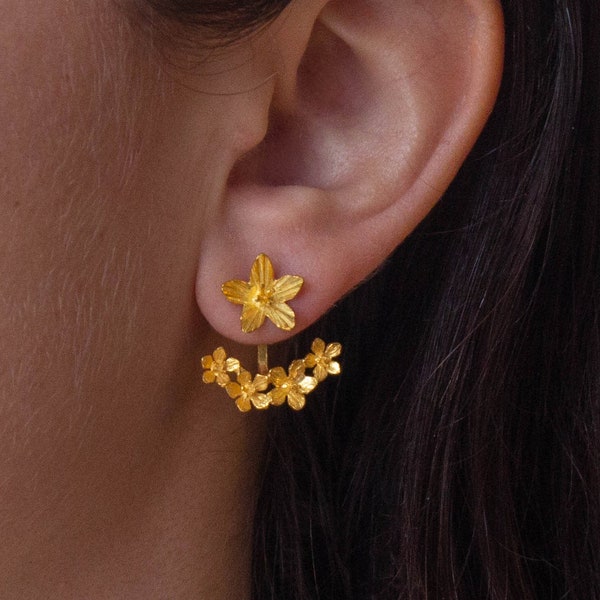 Vestes d’oreilles en or, boucles d’oreilles Flower Stud, clous de fleurs en or, boucles d’oreilles avant et arrière, Gold Vermeil