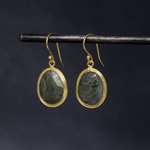 Moss Agate Earrings, Green Gemstone Earrings, Gold Drop Earrings,