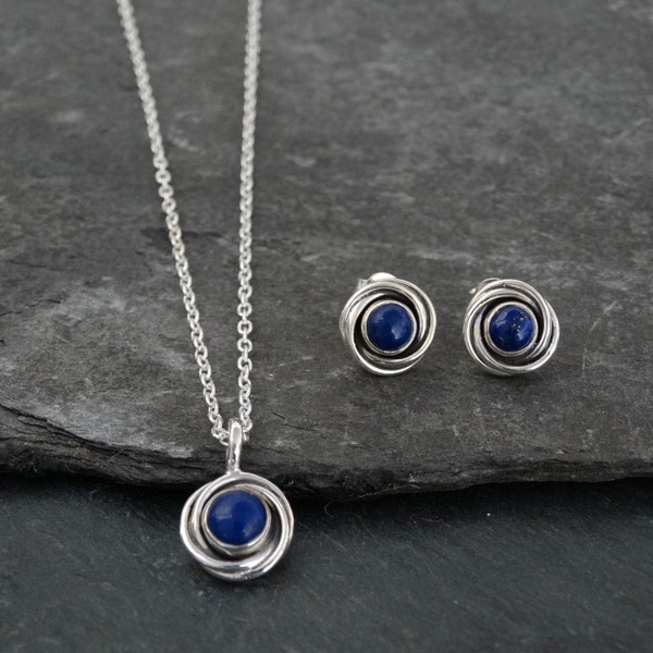 Lapis Lazuli Jewellery Set, Silver and Lapis Stud Earrings, Lapis Pendant Necklace, Silver Nest Earrings Pendant, Art Deco, Sterling Silver