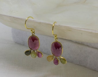 Garnet and Tourmaline Earrings, Gold and Gemstone Drops, January Birthstone, October Birthday Gift