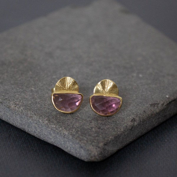 Gemstone Earrings,  Pink Quartz Earrings, Textured Gold, Stud Earrings, Gold Vermeil