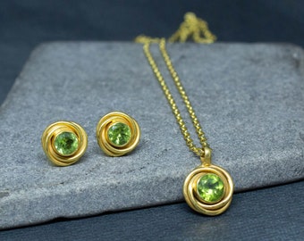 Peridot Jewellery Set, Peridot and Gold Stud Earrings, Peridot Pendant Necklace, August Birthstone, Art Deco