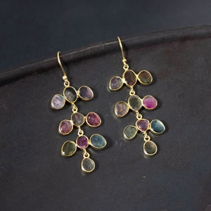 Tourmaline and Gold Earrings, October Birthstone Jewellery, Watermelon Tourmaline, Gold Vermeil