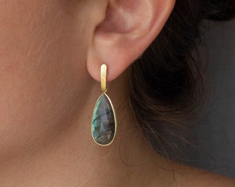 Gemstone Teardrop Earrings, Labradorite and Gold Earrings, Textured Gold Drops, Large Gemstone Dangle Earrings