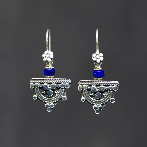 Silver and Lapis Earrings, Silver Telsum Earrings, Boho Drop Earrings, Ethiopian Jewellery, Ethnic Silver Earrings, Lapis Lazuli