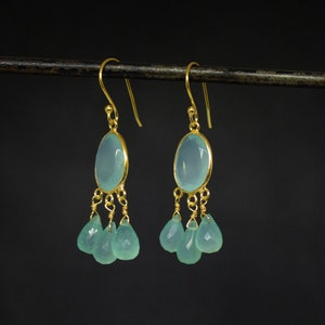 Gemstone Drop Earrings, Aqua Chalcedony Earrings, March Birthstone, Gold Dangle Earrings