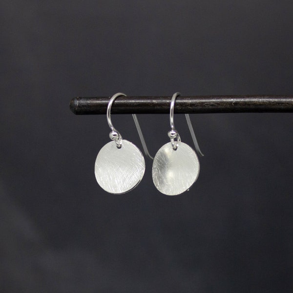 Silver Disc Earrings, Brushed Silver Drops, Round Silver Discs, Simple Everyday Earrings, Matt Sterling Silver