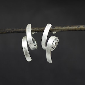 Silver Swirl Studs, Brushed Silver Spiral Earrings, Matt Sterling Silver Ribbon Earrings