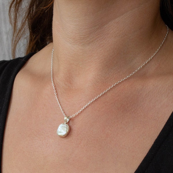 Pearl Pendant, Silver and Pearl Necklace, Irregular Pearl, June Birthstone, Wedding Necklace, Sterling Silver