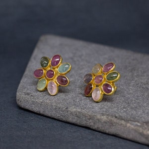 Tourmaline Stud Earrings, Gold and Tourmaline, October Birthstone, Gemstone Flower Studs, Gold Vermeil