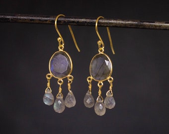 Labradorite and Gold Earrings, Gemstone Drop Earrings, Chandelier Drops, Gold Dangle Earrings