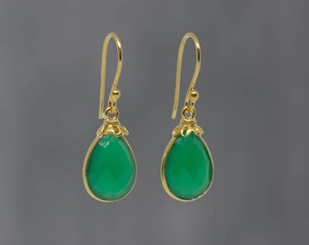 Orecchini Pendenti Con Onice Verde Sfaccettato - Argento Sterling 925 Placcato Oro, 3,2 Cm, Eleganti