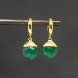 Gemstone Huggie Hoop Earrings, Green Onyx Charm Hoops, Gold Stacking Clicker Earrings