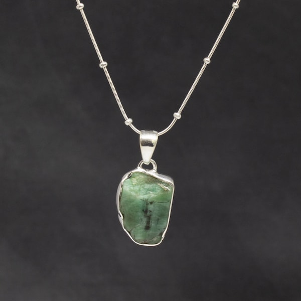 Emerald and Silver Pendant, Raw Gemstone Necklace, May Birthstone Necklace, Sterling Silver Chain