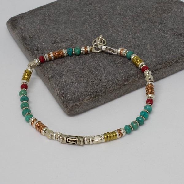 Gemstone Bead Bracelet, Summer Stacking Bracelet, Turquoise and Coral, Sterling Silver Copper and Brass