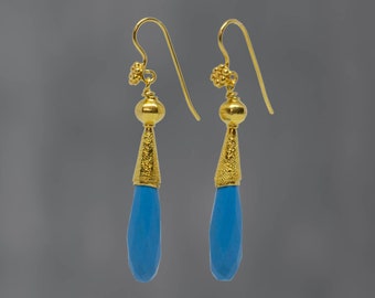 Turquoise and Gold Earrings, Faceted Turquoise, Long Turquoise Drops, Gold Granulation