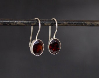 Garnet Drop Earrings, Silver and Garnet Earrings, January Birthstone, Oval Gemstone Earrings, Faceted Garnet, Sterling Silver