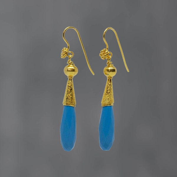 Turquoise and Gold Earrings, Faceted Turquoise, Long Turquoise Drops, Gold Granulation