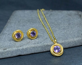 Amethyst and Gold Stud Earrings, Amethyst Pendant Necklace, February Birthstone Jewellery Set, Art Deco