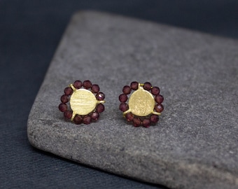 Gemstone Earrings, Textured Gold Studs, Garnet Earrings, Gemstone Bead Earrings, January Birthstone, Gold Vermeil