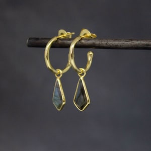 Labradorite Hoop Earrings, Gold and Gemstone Charm Hoops, Gold Vermeil Half Hoop Earrings