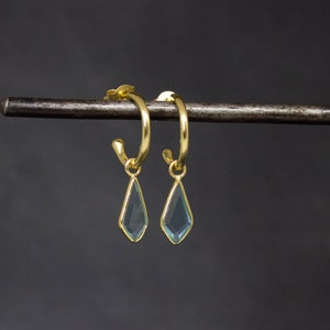 Gemstone Hoop Earrings, Gold and Blue Topaz Hoop Earrings, Birthstone Charm Hoops, Gold Vermeil