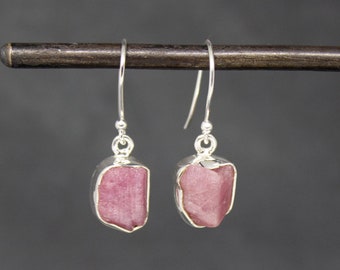 Raw Ruby Earrings, July Birthstone Jewellery, Silver and Gemstone Drop Earrings, Uncut Ruby Gemstone Drops