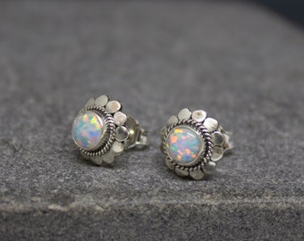 Silver and Opal Earrings, Opal Stud Earrings, October Birthstone Jewellery, Sterling Silver