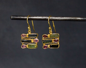 Tourmaline Earrings, Gold and Tourmaline Drop Earrings, Raw Gemstone Earrings, October Birthstone Jewellery, Gold Vermeil