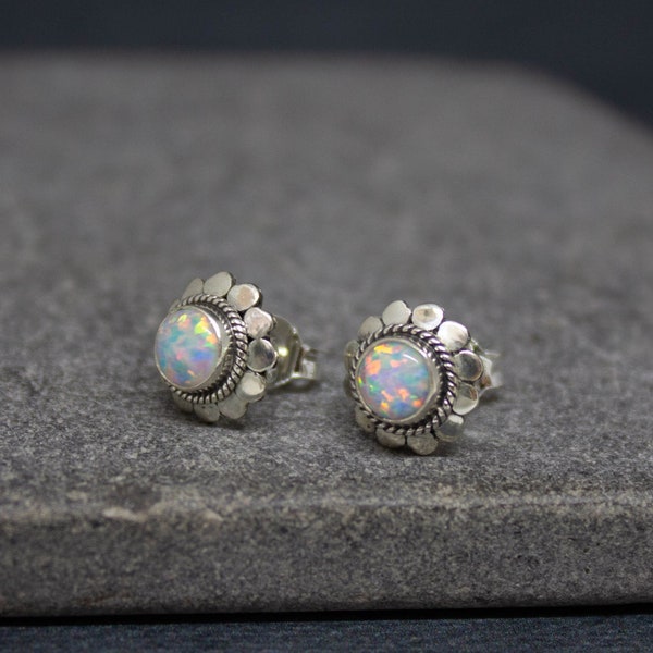 Silver and Opal Earrings, Opal Stud Earrings, October Birthstone Jewellery, Sterling Silver