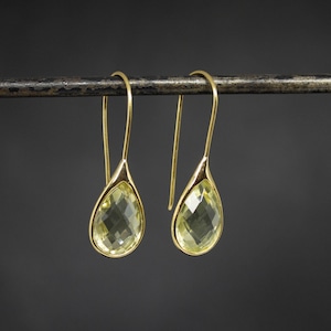 Lemon Topaz Earrings, Gold and Lemon Topaz Drops, Teardrop Earrings, Faceted Gemstone Earrings, Yellow Quartz
