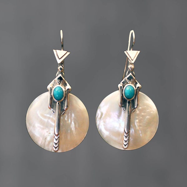 Art Deco Earrings, Silver Deco Earrings, Silver and Turquoise, Mother of Pearl, Statement Earrings, Sterling Silver