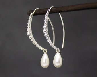 Silver and Pearl Hoop Earrings, Boho Silver Hoops, White Pearl Charm Hoops, Long Hoop Earrings, Unusual Hoops