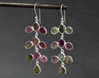 Tourmaline and Silver Earrings, October Birthstone Jewellery, Watermelon Tourmaline, Sterling Silver