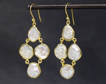 Biwa Pearl Earrings, Pearl and Gold Drops, Chandelier Earrings, June Birthstone Jewellery, Statement Earrings