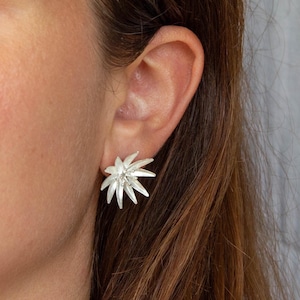 Silver Flower Earrings, Large Flower Studs, Brushed Silver Statement Earrings, Matt Sterling Silver