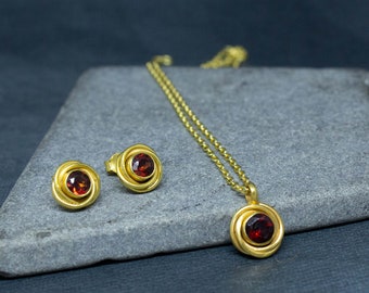 Garnet Jewellery Set, Garnet and Gold Stud Earrings, Garnet Pendant Necklace, January Birthstone, Art Deco