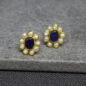 Sapphire and Gold Earrings, Sapphire and Pearl Studs, September Birthstone, June Birthstone, Gold Vermeil