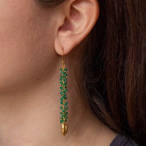 Gemstone and Textured Gold Earrings, Long Green Onyx Earrings, Green Quartz Cluster Earrings, Gold Vermeil