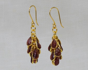 Garnet and Gold Cluster Earrings, Gold Dangle Earrings, January Birthstone, Carved Gemstone Earrings, Gold Vermeil