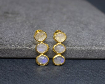 Rainbow Moonstone and Gold Stud Earrings, Raw Gemstone Earrings, June Birthstone, Gold Vermeil