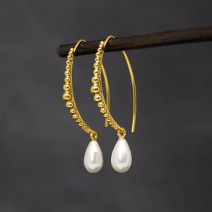 Gold and Pearl Hoop Earrings, Boho Gold Hoops, White Pearl Charm Hoops, image 1